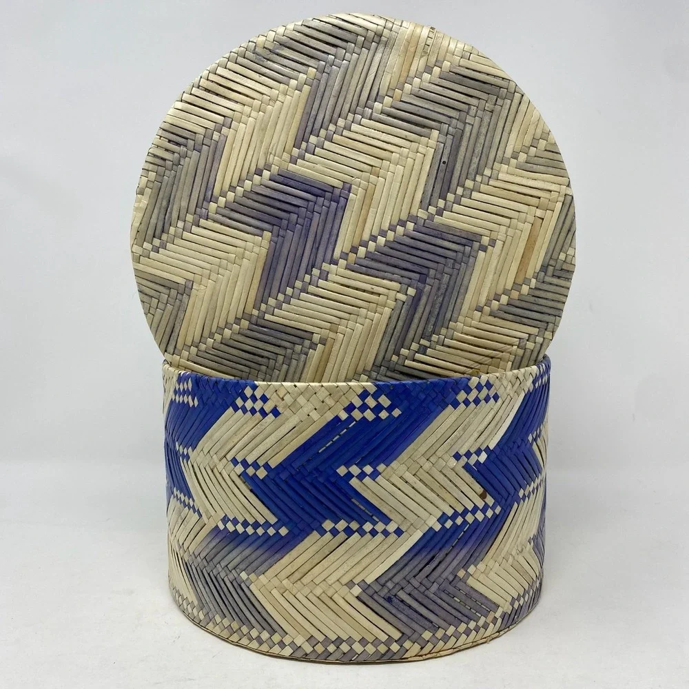 Anthropologie Woven Container Round‎ Bamboo Lid Blue Chevron Stripe Indonesia